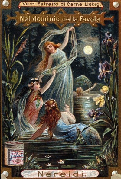 Weergave van nereïden, mariene nimfen. 19e-eeuwse chromolithografie door Unknown artist