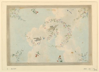 Tekening, plafondontwerp met duiven en bloemenkransen, mogelijk voor de entreehal, 1815-22 door Unknown artistUnknown artist
