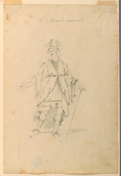 Tekening, Kostuumontwerp: Een man in fantastische kleding voor een ballet, ca. 1720 door Unknown artistUnknown artist