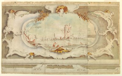 Tekening, decoratieve cartouche met een landschap, ca. 1770 door Unknown artistUnknown artist