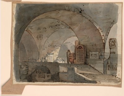Tekening, Toneelontwerp, ondergrondse gewelfde ruimte met graven, begin 19e eeuw door Unknown artistUnknown artist