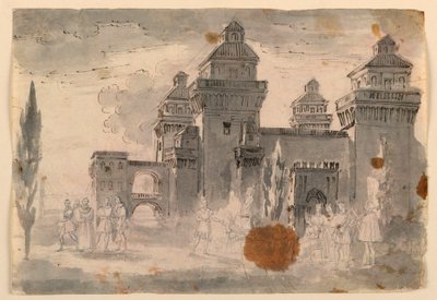 Tekening, Toneelontwerp, Gezicht op Kasteel, 1810-1820 door Unknown artistUnknown artist