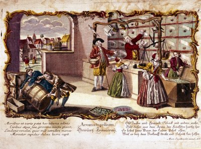 18e-eeuwse gravure die een parfumerie voorstelt door Unknown artist