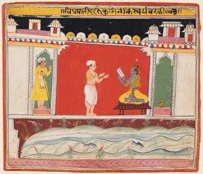 Een Brahmaan geeft Krishna de boodschap of uitnodiging voor de competitie voor Rukmini