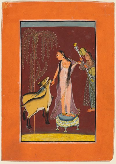 Een dame met bediende en een paar herten: Waarschijnlijk Gujari Ragini van Dipak, uit een Pahari Ragamala door Unknown artist
