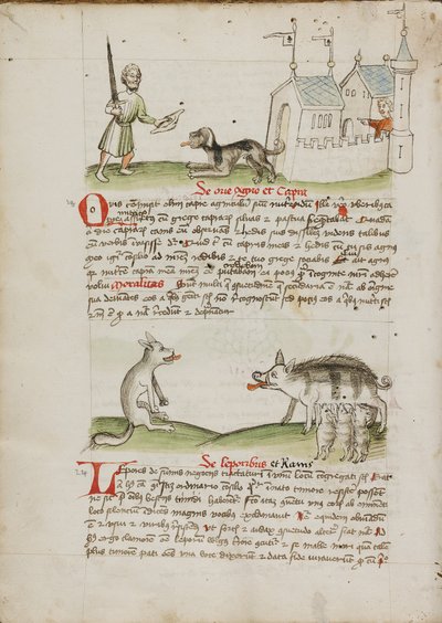 Een man met een zwaard en een hond met een bot; een wolf en een varken door Unknown artist
