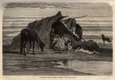 Een kamp van nomadische zigeuners in de vlakten van Noord-Bosnië. Gravure ter illustratie van de reisherinneringen onder de zuidelijke Slaven, door Georges Perrot, in 1868, gepubliceerd in 