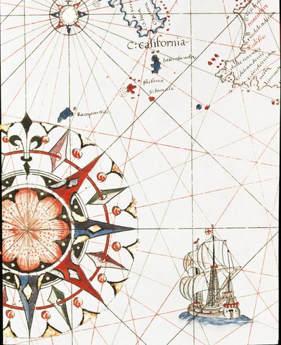 Een galei die voor de kust van Californië vaart (detail van de portulan van Castellini) door Unknown artist