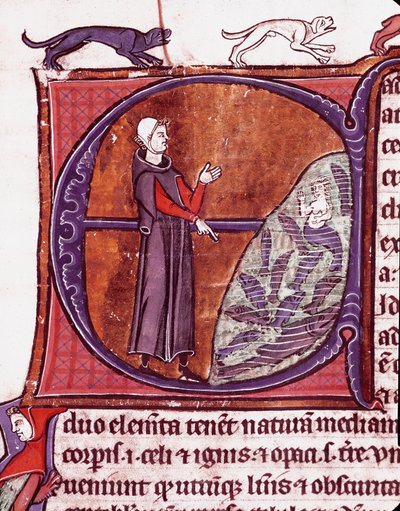 Een monnik voor een vijver, een zeemeermin wordt afgebeeld tussen de vissen door Unknown artist