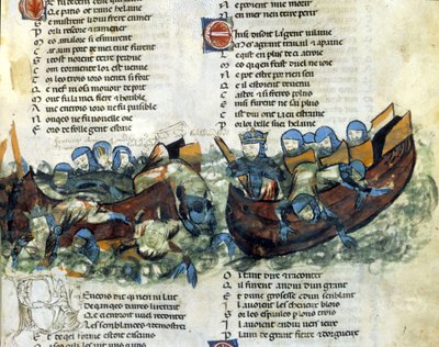 Een zeeslag. Miniatuur uit de 13e eeuw. door Unknown artist