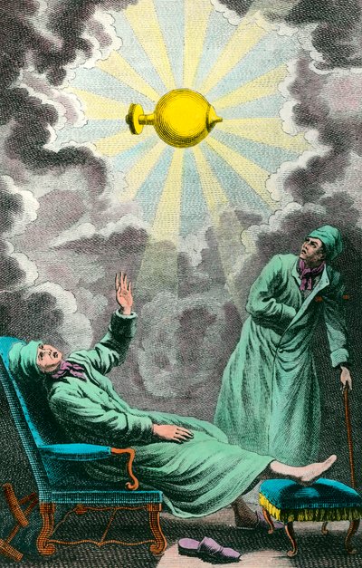 Een verlamde reikt naar een elektrische lichtbron die zijn kracht kan herstellen door Unknown artist