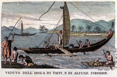 Een Polynesische schommelkano in Tahiti. Aan boord een lading kokosnoten en broodboomvruchten. Lithografie van de 19e eeuw door Unknown artist