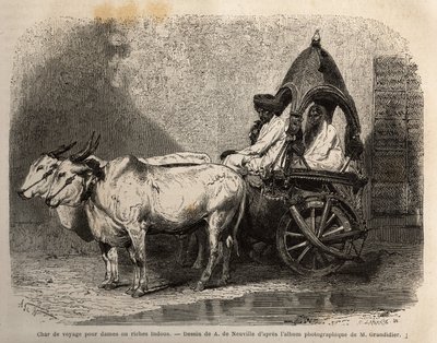Een reiskar getrokken door twee witte ossen, voor dames of rijke hindoes. Gravure ter illustratie van de reis in de zuidelijke provincies van India, door Alfred Grandidier, in 1862-1864, gepubliceerd in 