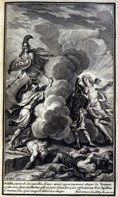 Achilles, bedekt met zijn nieuwe wapens, valt de Trojanen fel aan, stort zich woedend op Hector, die hij op het punt staat te doden, maar Apollo bedekt hem met een dikke wolk om hem van dit gevaar te bevrijden. Illustratie van boek XVII van de Ilias van Ho door Unknown artist