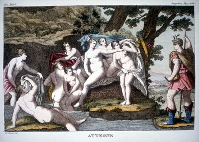 Actaeon verandert in een hert - in Dizionario mitologico door Unknown artist