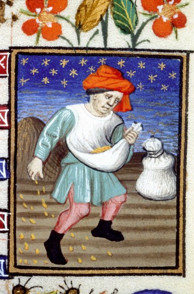 Allegorische voorstelling van oktober. Een boer die graan zaait. Miniatuur van een 14e-eeuws manuscript door Unknown artist