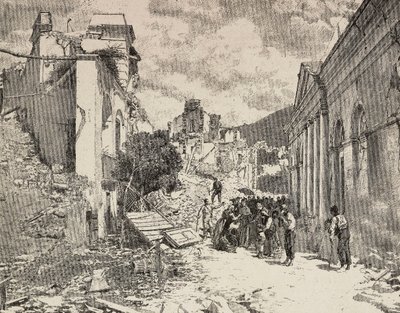 Tussen de ruïnes na de aardbeving in Balliazzi badplaats, Italië door Unknown artist