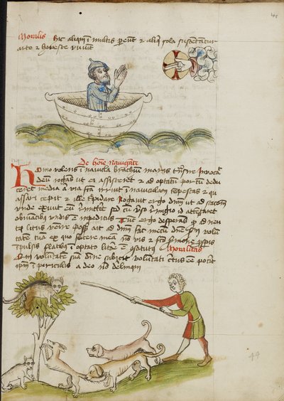 Een oudere man in gebed in een boot; Een kat in een boom waaronder een vos zit door Unknown artist