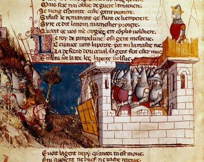 Een leger (van de koning van Pamplona?) zoekt toevlucht in een kasteel en beklimt de ophaalbrug door Unknown artist