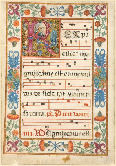 Engel die een instrument bespeelt in een versierde initiaal "R" met flora, fauna en grotesken, uit een antifoon door Unknown artist