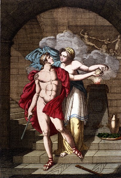 Ariadne geeft Theseus de draad zodat hij uit het doolhof kan komen - in Dizionario mitologico door Unknown artist