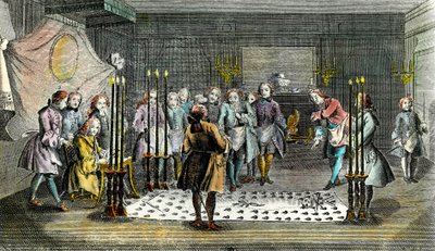 Vergadering van Vrijmetselaars voor de ontvangst van meesters Gravure rond 1750 Privécollectie door Unknown artist