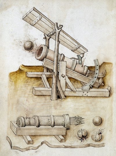 Kanon en pijlengeweer - Manuscript: perkamentblad van een ingenieurshandboek voor de bouw van civiele, religieuze en militaire gebouwen, anoniem, laat 15e eeuw (figuur in Chinese inkt) door Unknown artist