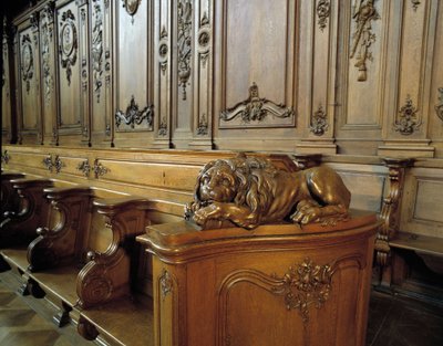 Barokke architectuur: houten koorbank die een leeuw voorstelt, attribuut van de evangelist Sint Marcus. Koor (18e eeuw) van de Kerk van St. Stephen. Interne weergave. Marmoutier, Bas-Rhin (67). door Unknown artist