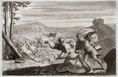 Bijbel van Royaumont, Oude Testament: Nederlaag van Saul. Sauls leger werd verslagen door de Filistijnen. Zijn drie kinderen werden daar gedood, en nadat hij zwaar gewond was geraakt in de strijd, pleegde hij zelfmoord. Illustratie uit 1811. door Unknown artist