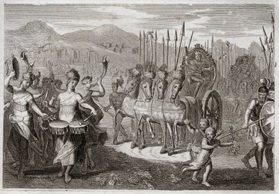 Bijbel van Royaumont, Oude Testament: Triomf van David. Nadat David de reus Goliath had verslagen, gingen de vrouwen van Israël hem tegemoet om zijn triomf te eren, met vreugdekreten en het geluid van instrumenten. Illustratie uit 1811. door Unknown artist