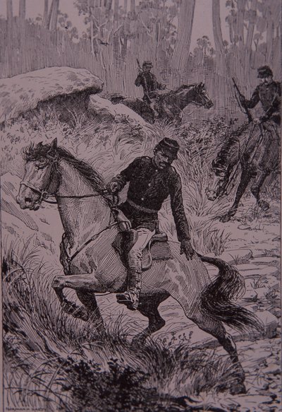 Zwarte speurders achtervolgen struikrovers in Australië (gravure) door Unknown artist