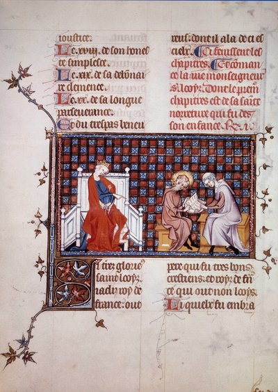 Blanche de Castille, koningin van Frankrijk (1188-1252), leidt de opvoeding van haar zoon Lodewijk IX (1214-1270) (Saint Louis) Miniatuur uit een manuscript “Leven en Wonderen van Saint Louis” door Willem van Saint Pathus. 1320. Parijs, B.N. door Unknown artist