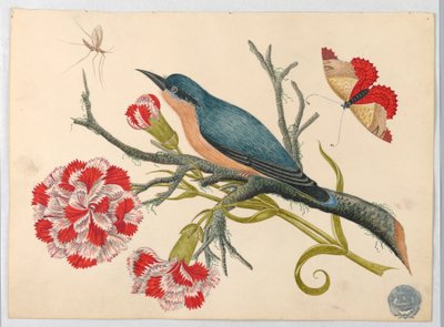 Blauwe vogel op tak met anjers en insecten door Unknown artist