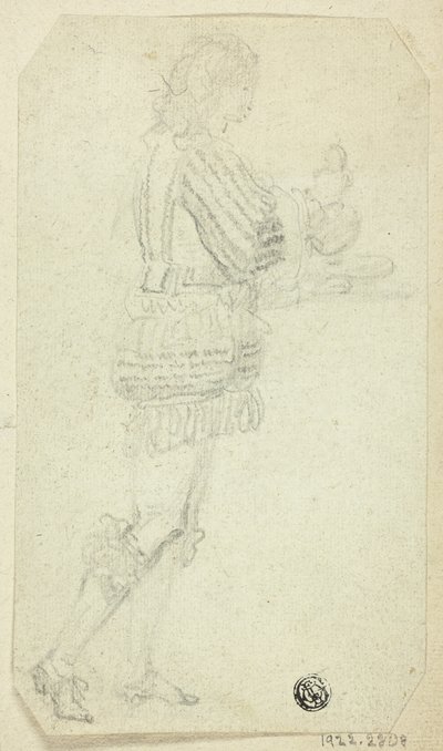 Jongen in historische kleding draagt voorwerp door Unknown artist