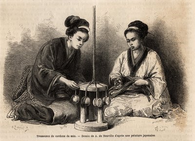 Vlechters van zijden koorden, in hun werkplaats in Yedo (of Edo, het huidige Tokio); deze vlechten zijn zeer uitgebreid omdat ze worden gebruikt om militaire en civiele kostuums te ordenen en te onderhouden (de Japanners kennen de knoop en de clip om de kl door Unknown artist