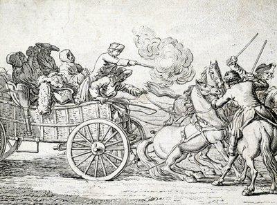 Rovers die passagiers op een kar aanvallen. Gravure door een anonieme 18e-eeuwse kunstenaar. door Unknown artist
