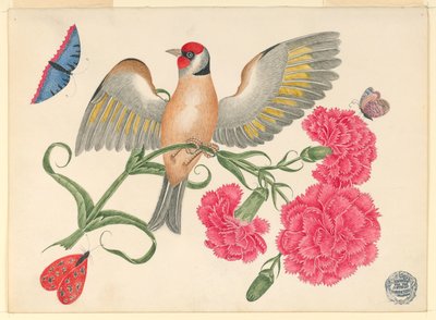 Bruine vogel met rode kop op anjierstengel met vlinders door Unknown artist