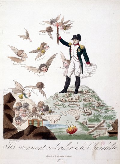 Cartoon over Napoleon I afgebeeld op een heuvel bedekt met skeletten en een kaars vasthoudend die de vleugels van personages (Merlin de Douai, Regnault...) verbrandt, afgebeeld als vleermuizen - in Napoleon I, karikaturen, dummy collectie. 1814 - 1815. B.H door Unknown artist