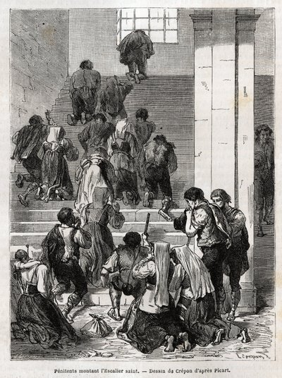 Katholieke boetelingen beklimmen de heilige trap naar Rome. Gravure ter illustratie van het verhaal van Ludovic Celler; de Heilige Week in Rome door Unknown artist
