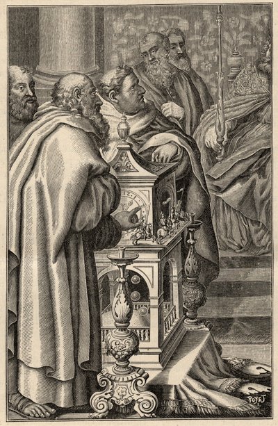 Karel de Grote ontvangt het geschenk van een clepsydra (waterklok) van Harun al-Rashid - In 797 biedt de kalief van Bagdad, Haroun ar-Rachid (765-809) Karel de Grote een clepsydra aan, symbool van de technologische knowhow van de Arabische beschaving door Unknown artist