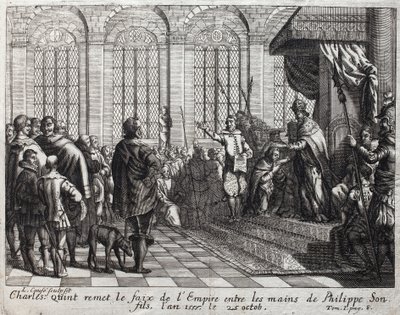 Karel V (1500-1558) droeg het keizerlijke ambt over aan Filips II (Felipe) (1527-1598), zijn zoon, op 25 oktober door Unknown artist
