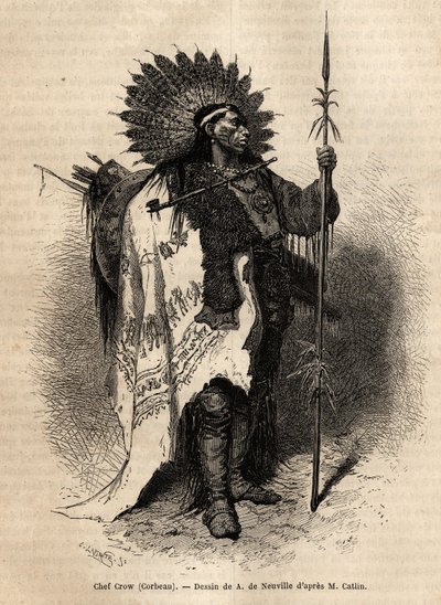 Chief Yellow Moccassin, van de Crow Indianenstam, woonachtig langs de Lewis River. Gravure ter illustratie van een excursie onder de indianenstammen van de bekkens van Colombia en Boven-Missouri, door G. Catlin, in 1855, gepubliceerd in Le tour du monde door Unknown artist