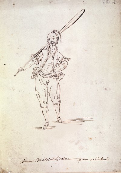 Kostuum voor het personage van Roland in de gelijknamige opera van componist Niccolo Vito Piccinni naar een libretto van Jean Francois Marmontel (1778). Tekening uit het einde van de 18e eeuw door Unknown artist