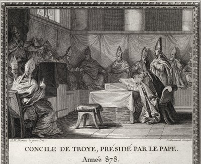 Raad van Troye op 7 september 878. In mei 878, paus Johannes VIII bedreigd door Saracenen en Italiaanse edelen, kwam onderdak zoeken in Arles onder hertog Boson en zijn vrouw Ermengarde. Hij begeleidt hem naar Troyes waar een grote raad wordt georganiseerd door Unknown artist