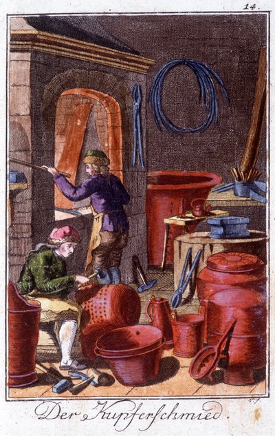 Ambachten: de koperslager in zijn werkplaats. In "Uitgebreide beschrijving van kunsten en ambachten en werkplaatsen voor jongeren" door Johan Peter Vue. Ed. Neurenberg, Weigel en Schneider door Unknown artist