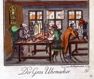 Ambachten: de klokkenmaker in zijn werkplaats. In 