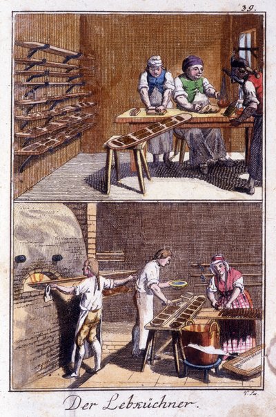 Ambachten: de peperkoekmaker in zijn werkplaats. In 