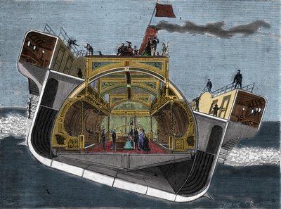 Doorsnede van een boot ontworpen tegen zeeziekte door Henry Bessemer (1813-1898). Gravure 19e eeuw. door Unknown artist