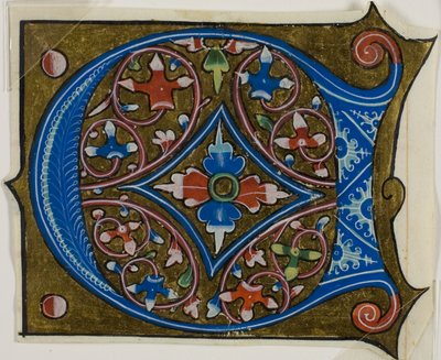 Versierde initiaal "D" met bladeren en twee ballen uit een koorboek door Unknown artist