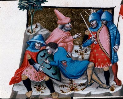 Aangifte van een bloedmisdaad. Miniatuur uit de Codex Justinianus, een verzameling wetten en instellingen gepubliceerd onder de Romeinse keizer Justinianus I van Byzantium (483-565) door Unknown artist